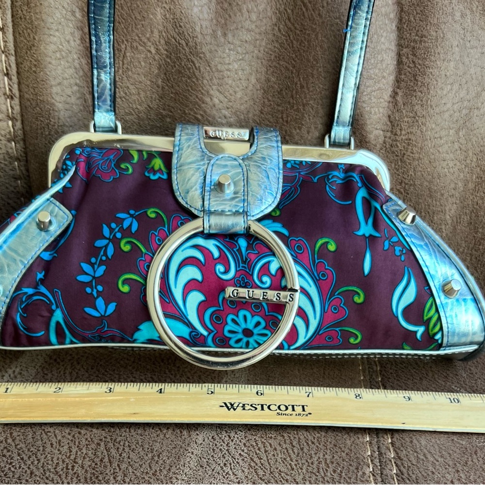 Guess Floral Blue and Silver  Metallic Clutch